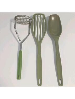 Vintage FoleyAvocado Green Nylon Plastic Utensils- masher strainer and spoon mcm